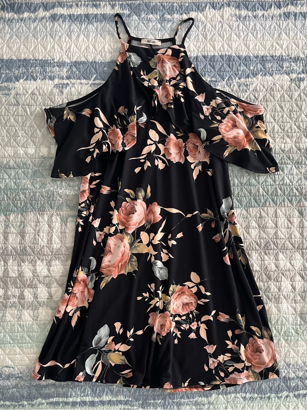 NWOT FIRST LOVE Black Floral Cold-Shoulder Mini Dress with Blush Roses 10079